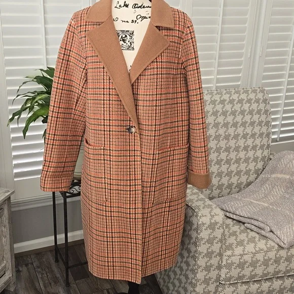 Talbots Campfire Plaid Wool Blend Trench Coat Size 12 NWOT - Picture 2 of 15